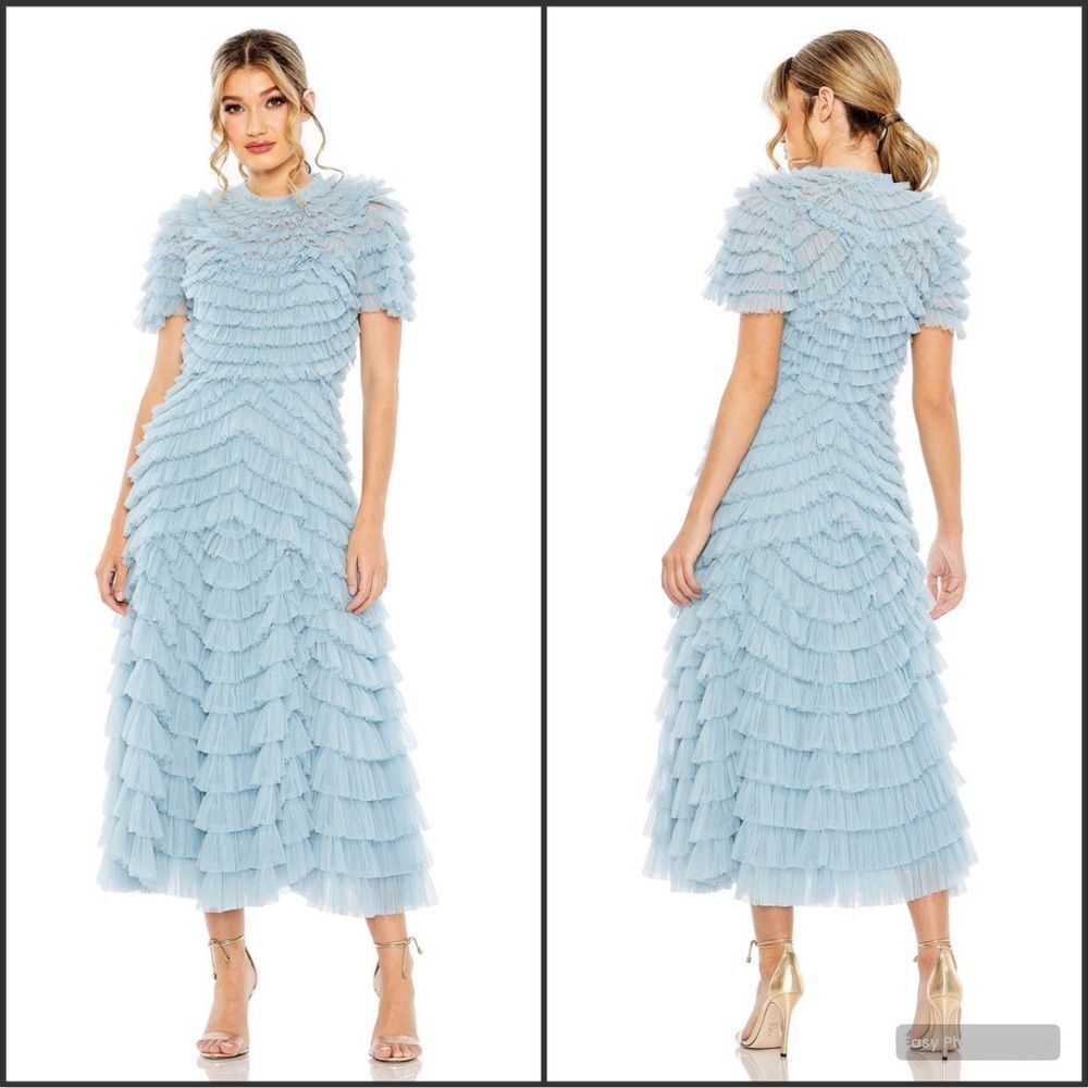 Mac Duggal 8055 High Neck Ruffle Short Sleeve Tiered A Line Dress